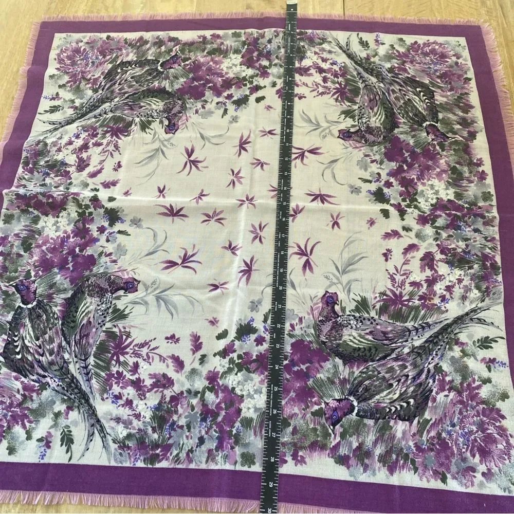 Challis Pheasant Print Equestrian Style Raw Hem Square Scarf